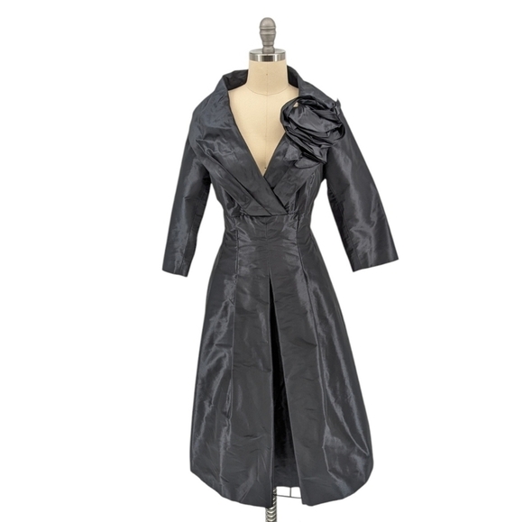 Teri Jon Taffeta V Neck Flower A Line Dress Black 6 cocktail evening preppy - Picture 1 of 8